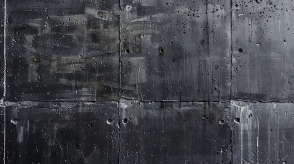 A rough concrete wall exhibits a dark, textured surface with water droplets creating an interesting visual effect. The setting suggests an urban environment after rainfall