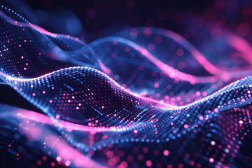 Poster - Glowing waves of vibrant particles flow dynamically across a dark backdrop, showcasing a blend of purple and pink hues in an abstract design