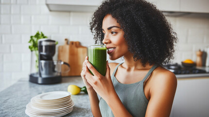 Wall Mural - Woman drink green smoothie on the kitchen. 