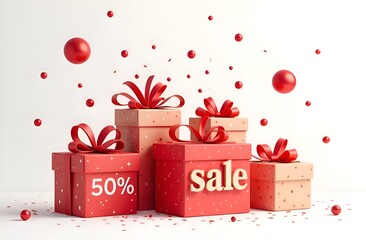 red box with words sale and percent symbol on light background, new year sale