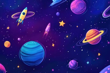 Aufkleber - A creative collection of cosmic doodles showcases various planets, rockets, and stars set against a deep, vibrant galaxy. Generative AI