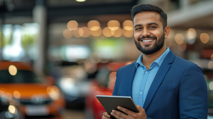 Car dealer with tablet.