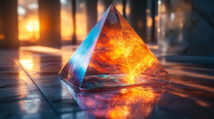 Leinwandbilder - A translucent pyramid sits on a reflective surface, capturing the warm hues of a sunset with vibrant colors illuminating its edges, creating a captivating and serene atmosphere.