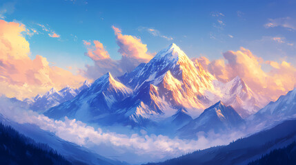Wall Mural - spectacular snow-capped mountain peaks bask in soft golden light of dawn, set against a brilliant bl