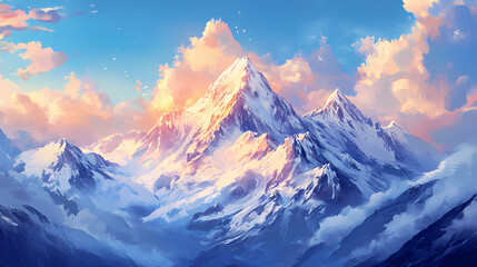 Wall Mural - spectacular snow-capped mountain peaks bask in soft golden light of dawn, set against a brilliant bl