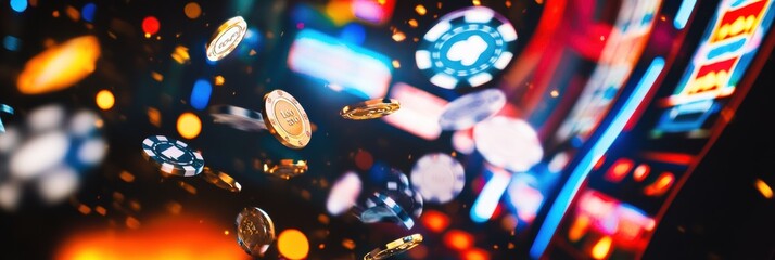 Fototapete - Coins and colorful poker chips cascade into the air as the slot machine celebrates a jackpot win in a lively casino. Generative AI
