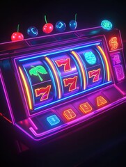 Aufkleber - Glowing slot machine displays classic symbols while spinning reels create an exciting atmosphere in a vibrant gaming area. Generative AI