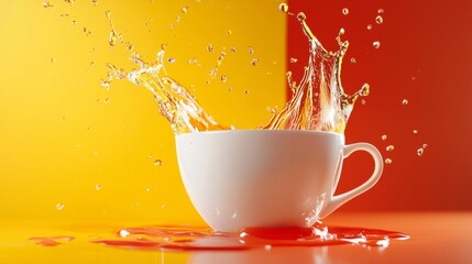 Splashing liquid from a white cup on colorful background