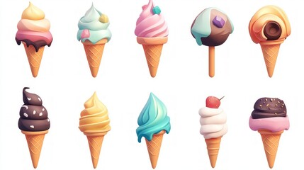 Cartoon Ice Cream Cone Collection, vibrant and playful 3D icons featuring various ice cream cone designs, minimal style, white background, ideal for fun graphics and designs