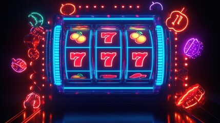 Aufkleber - The glowing slot machine reels spin to reveal iconic symbols like cherries, sevens, and bars, set against a lively casino backdrop. Generative AI