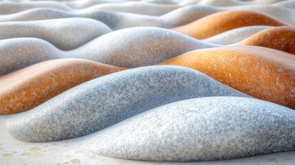 Poster - The landscape features a series of softly undulating stones presenting various shades of gray and orange, shaped by natural elements, emphasizing textures and patterns under bright sunlight.