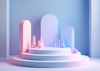 Poster - Blue and pink pastel colored minimalistic displays for beauty products on an empty stage showcasing elegance and style.