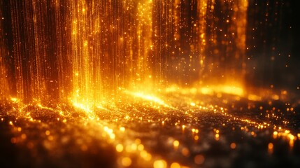 Fototapete - Golden droplets flow like liquid light, creating a stunning visual effect on a dark surface. The sparkling cascade adds a warm glow to the surroundings, evoking a magical atmosphere.