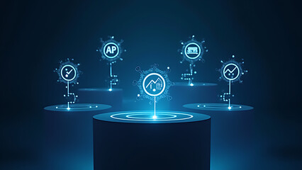 Poster - Business presentations use holographic podiums featuring AI icons with glowing growth symbols.