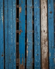 blue wooden wall is adorned with noticeable scratches, showcasing its weathered texture. The vertical planks have a wide, faded appearance, lending a charming rustic quality to the overall scene