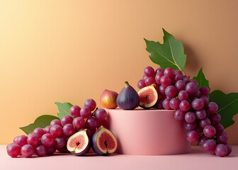 Poster - Colorful grapes and figs on a podium make for a unique business concept design with plenty of copy space available online instantly today.