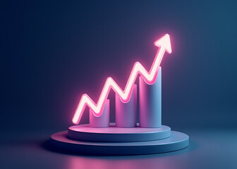 Poster - Conceptual AI design features 3D glowing growth arrows on a podium with AI technology and business presentation copy space.