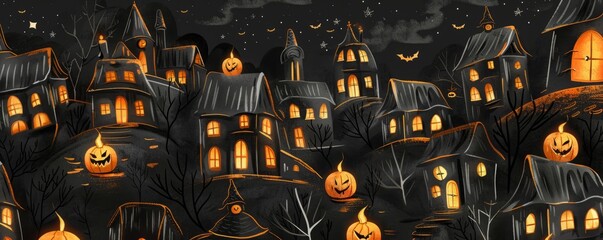 halloween background pumpkins,candles and houses.