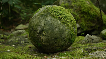 Moss-covered stone sphere in a lush forest setting surrounded by rocks