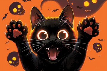 17 Adorable black cat in a Pop Art comic outfit, holding its paws up in celebration, with glowing skulls and spooky Halloween bats on an orange backdrop