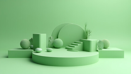 Aufkleber - Minimalist display features 3D model of a serene outdoor landscape with natural elements on a green platform background.