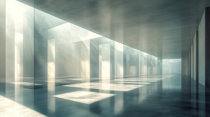 Leinwandbilder - Soft light filters through tall glass walls, illuminating the minimalist interior. The smooth floor reflects the gentle play of light and shadows, enhancing the tranquil atmosphere.