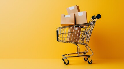 Shopping cart with boxes against a bright yellow background