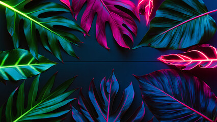 Poster - Various tropical leaves. Flat lay neon colors. Nature concept.  