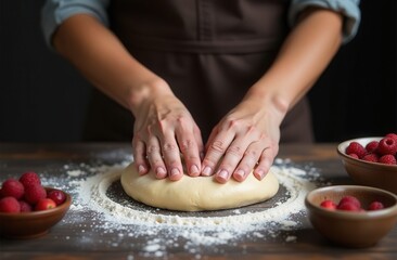 A woman works with dough, bakes bread