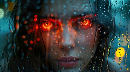Wall Mural - intense gaze through rain-streaked window