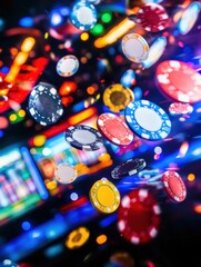 Fototapete - Coins and poker chips burst into the air, capturing the excitement of hitting a jackpot at a vibrant casino slot machine. Generative AI