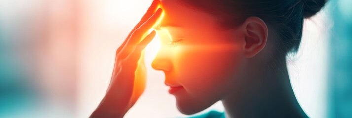 Close up of a young woman with strong headache, experiencing pain and discomfort, touching her forehead with her eyes closed