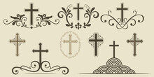 Christian crosses with decorative ornamental elements in vintage or Victorian style. Frames of classic plant and floral elements. Happy Easter! Vector illustration.