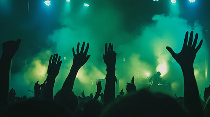 night club EDM party DJ mixing electronic music with turn table background, silhouettes of people dancing and raising their hands