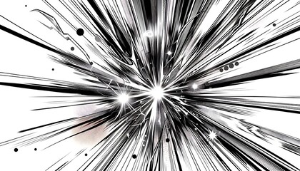 Fototapete - Explosive energy with bright flashes and dynamic lines creating the feeling of a powerful explosion or impact. Black and white graphics in manga style