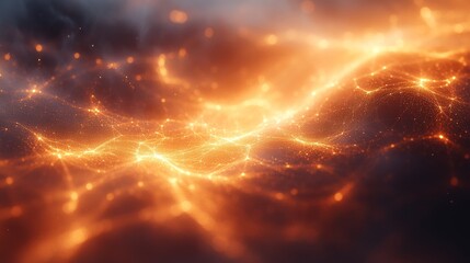 Fototapete - Dynamic golden-orange energy patterns swirl across the dark backdrop, resembling flowing lava or electrical currents, creating a captivating visual effect.