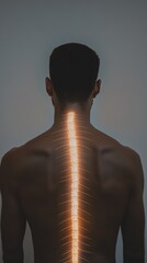 Poster - Shirtless man with glowing spine experiencing back pain, ideal for medical and healthcare contexts. Illustrates back issues like inflammation and injury. Perfect for discussing treatment options