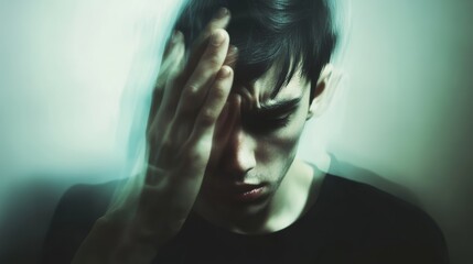 Fototapete - Dramatic portrait of a young man holding his head with his eyes closed, experiencing a severe headache and overwhelming sadness
