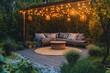 © olegganko - Cozy outdoor seating area with string lights and greenery in a tranquil garden space
