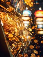 Aufkleber - Golden coins tumble from a slot machine, filling the air with a sense of excitement and fortune in a lively casino environment. Generative AI