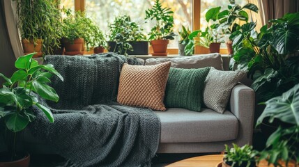 Cozy living room with lush greenery and warm sunlight during the afternoon