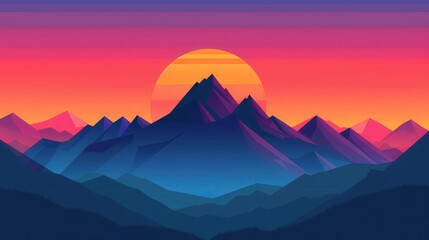 Vibrant Mountain Sunset, a modern flat vector artwork featuring a stunning mountain landscape against a contrasting background, showcasing a breathtaking sunset palette.