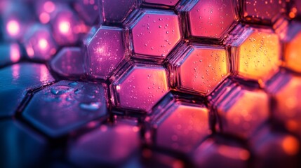 Aufkleber - A stunning arrangement of hexagons reflects colorful lights, while water droplets add texture. The interplay of colors creates a visually captivating experience in a dimly lit setting.