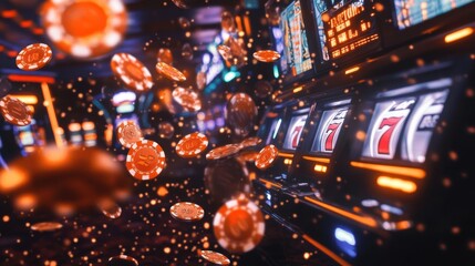 Poster - Coins and colorful poker chips fill the air as a slot machine announces a big jackpot, creating a thrilling atmosphere in the casino. Generative AI