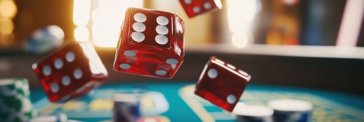 Fototapete - Red dice are flying above a craps table, surrounded by scattered chips, capturing the thrill of a lively casino atmosphere. Generative AI