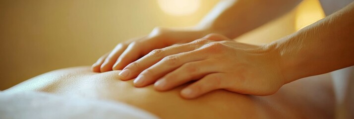 Massage therapist is giving a client a massage to relieve back pain. The warm lighting and soft focus of the image create a relaxing and therapeutic atmosphere