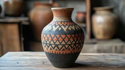 A blue ceramic vase filled with dried flowers on a rustic wooden table in a cozy caf setting