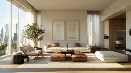 Wall Mural - Modern living room with large windows overlooking city skyline during afternoon light