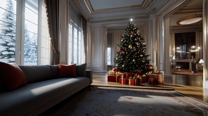 Sticker - A stylish living room features a Christmas tree with red and gold decorations, surrounded by colorful gifts and a large, warm carpet