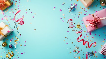 Festive Wrapped Gifts with Colorful Ribbons and Confetti on a Vibrant Blue Background